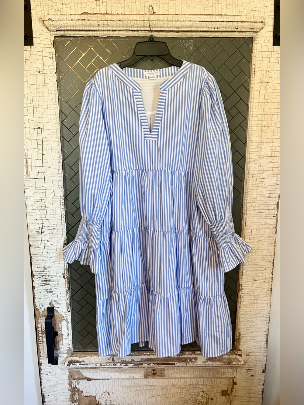 Blue and White Striped Tiered Dress